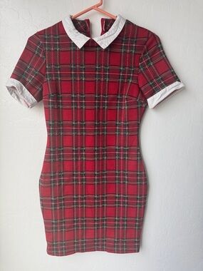Red Plaid Mini Dress Peter Pan Collar Preppy Schoolgirl Holiday XS/S